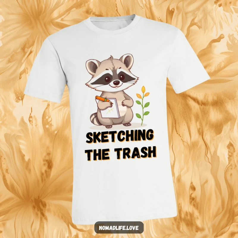 Funny Curious Raccoon T-Shirt featuring a raccoon with a notepad and pencil, diligently sketching an odd plant.