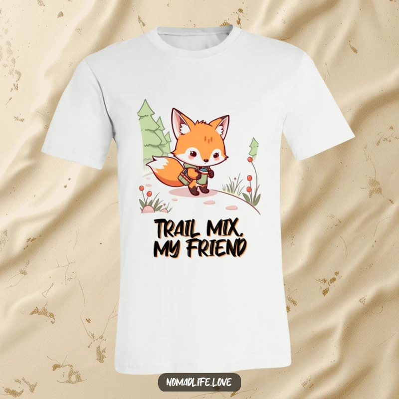 Funny Fox Kit T-Shirt displaying a mischievous kit with a canteen, ready for exploration on a winding trail.