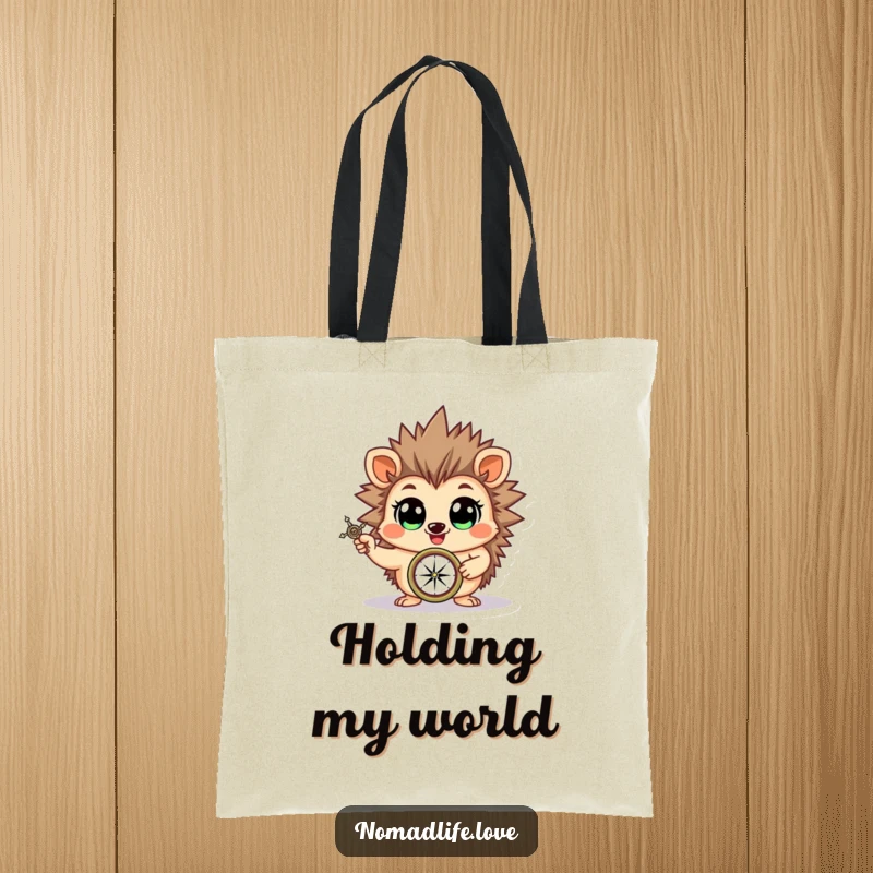 Cheerful stylized hedgehog brandishing a compass with wide, eager eyes, a funny and practical tote bag design.