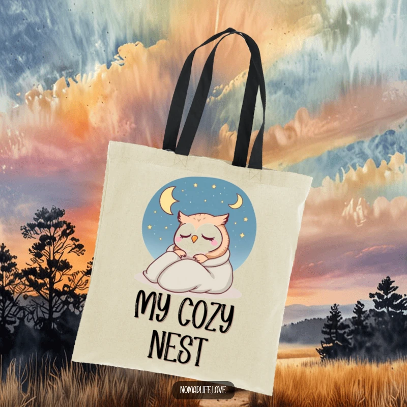 Funny Owl Sleeping Tote Bag featuring a contented owl in a tiny sleeping bag under a dreamy starry sky.