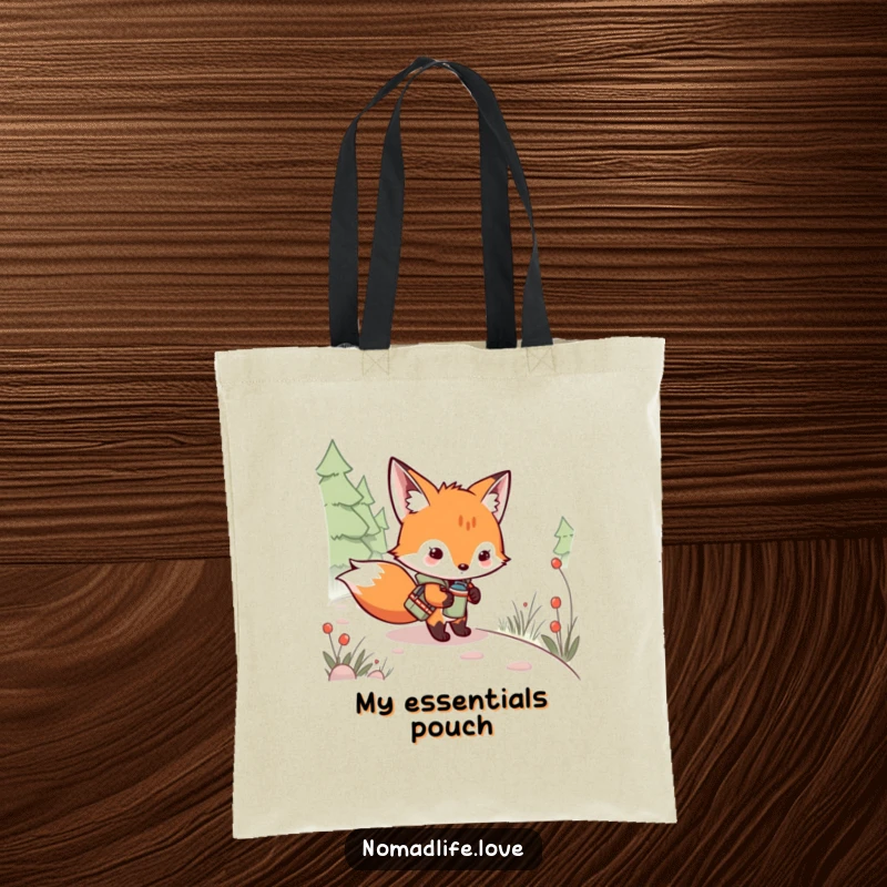 Funny Fox Kit Adventure Tote Bag showing a mischievous kit with a canteen exploring a winding path, ideal for shoppers.