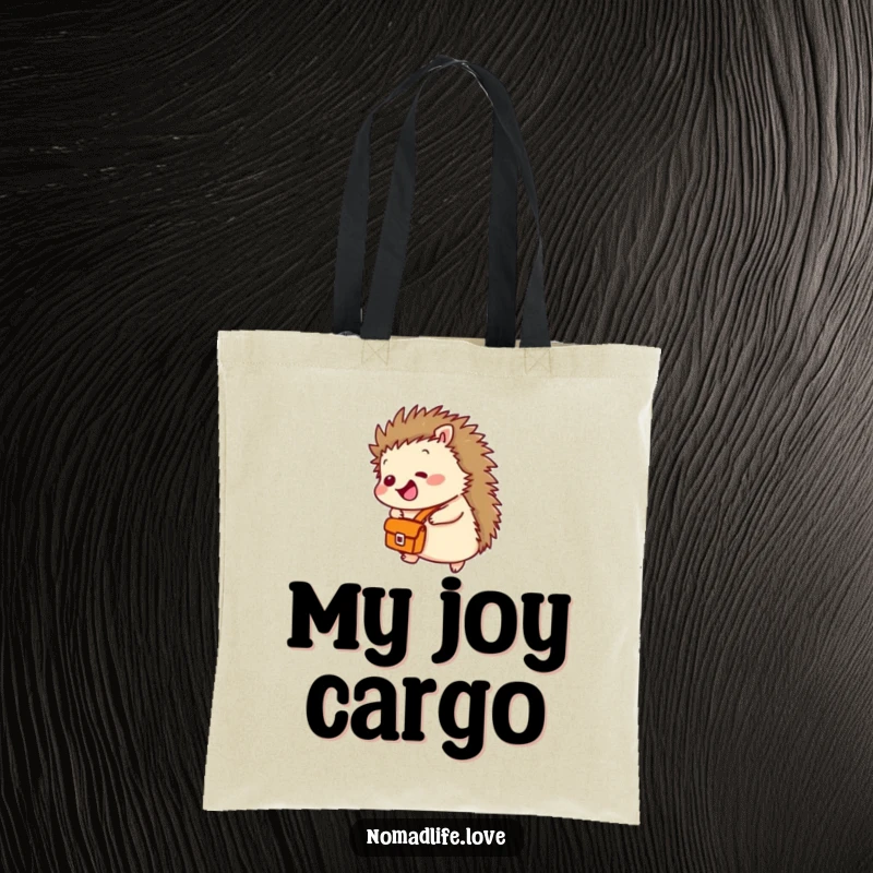 Funny Hedgehog Rolling Tote Bag featuring a tiny, giggling hedgehog with a satchel, captured mid-roll downhill.